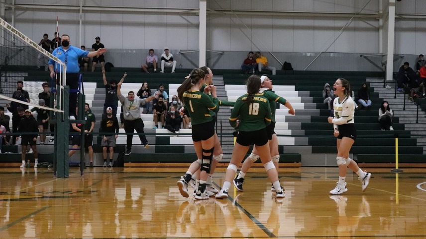volleyball team celebrating after a win
