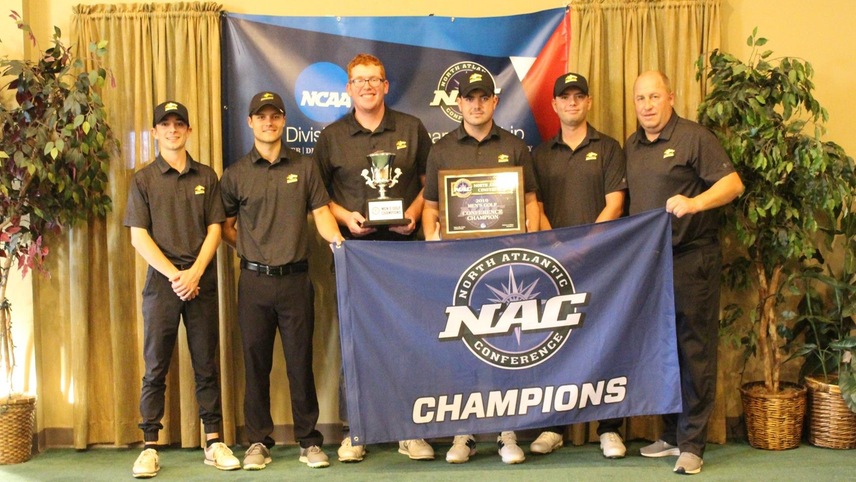 The men's golf team holding their NAC Championship awards.