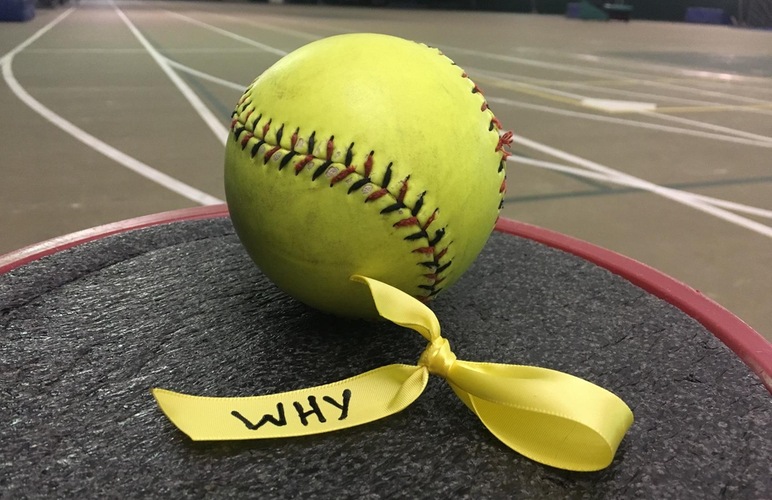 Softball with a knotted ribbon that says "why", symbolizing "why (k)not"